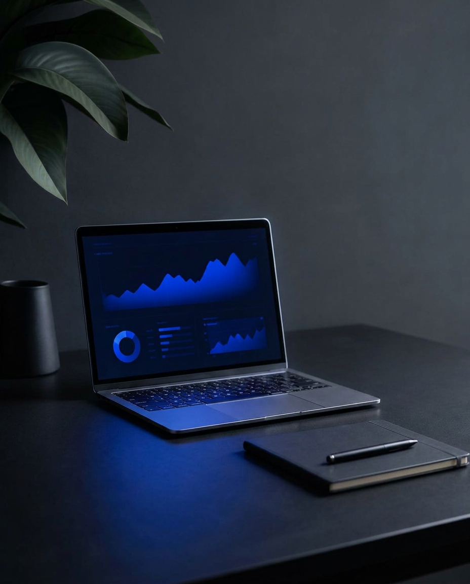 Minimal dark workstation with a laptop showing ApplyNeo application tracking